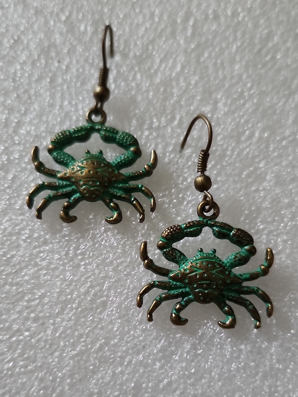 Hand Crafted Green and Antique Golden Bronze Tone Crab Dangle Earrings